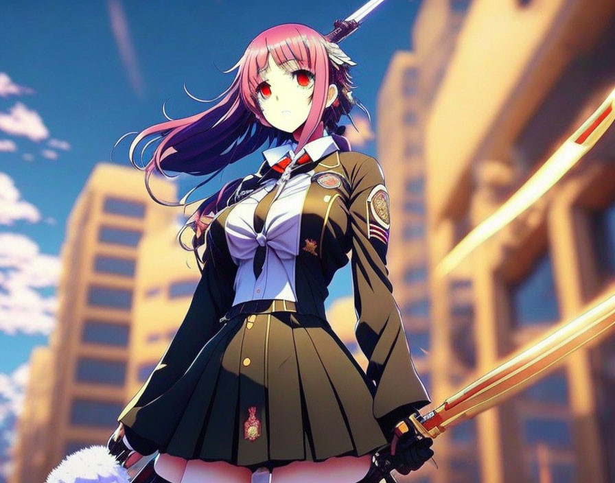 Anime-style female character with red eyes and purple hair wields katana in dark school uniform against city