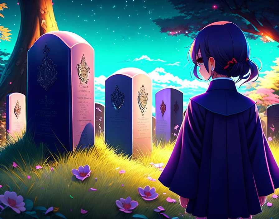 Dark-haired girl in purple cloak among ornate gravestones under starry night sky