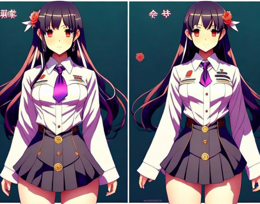 Anime girl with long black hair, red flower, white and purple outfit, split image comparison