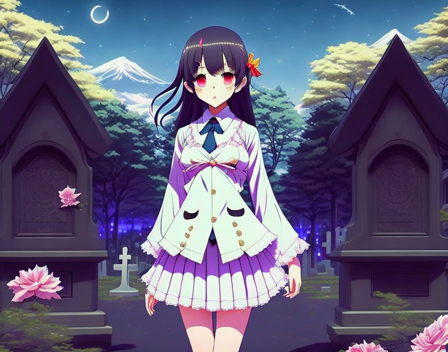 Dark-haired anime girl in white and purple outfit in moonlit cemetery