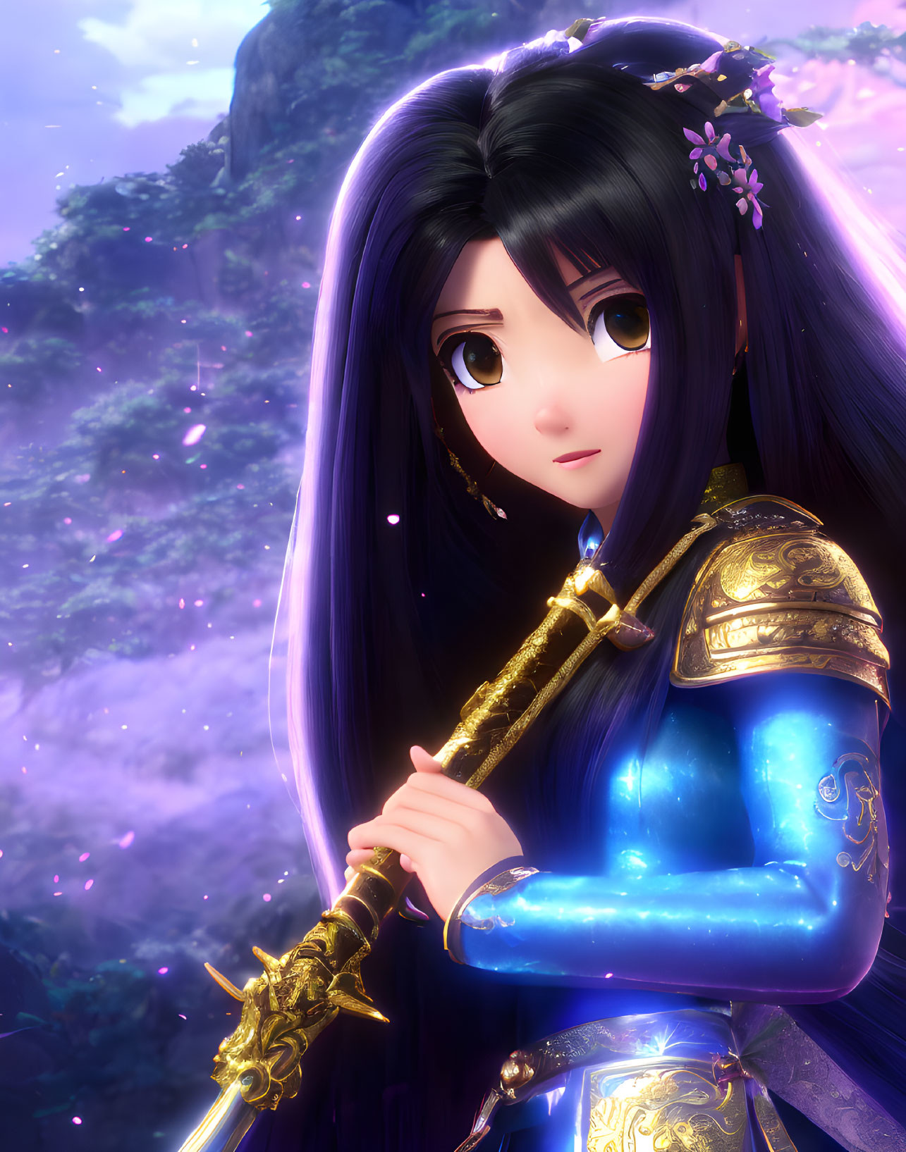 Digital Artwork of Female Character with Long Black Hair and Golden Sword in Blue Armor Against Magical Forest Background