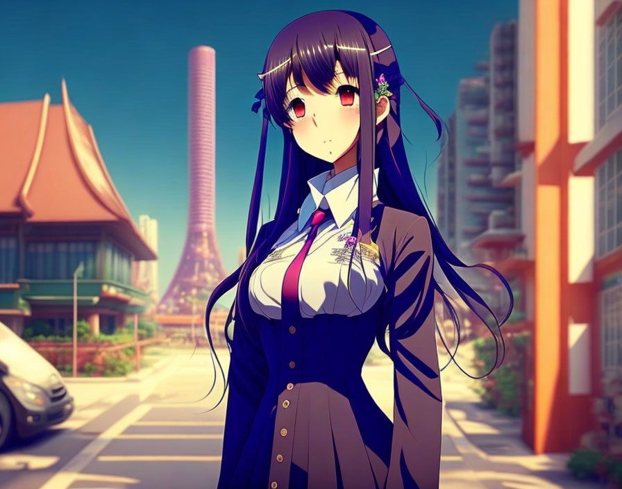 Long-haired animated character in black uniform with flowers in hair on sunlit street.