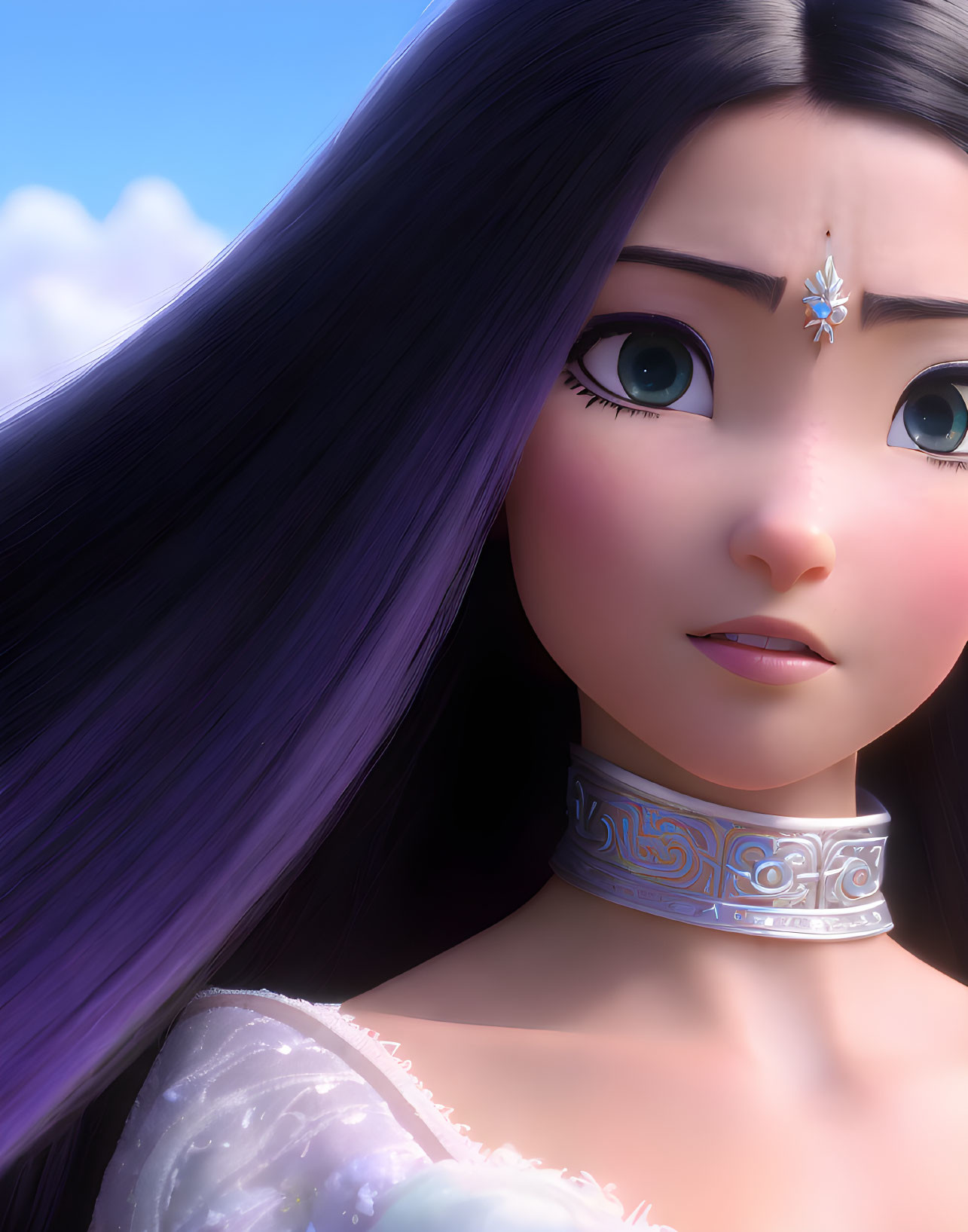 Detailed Close-Up of 3D Animated Female Character with Dark Hair