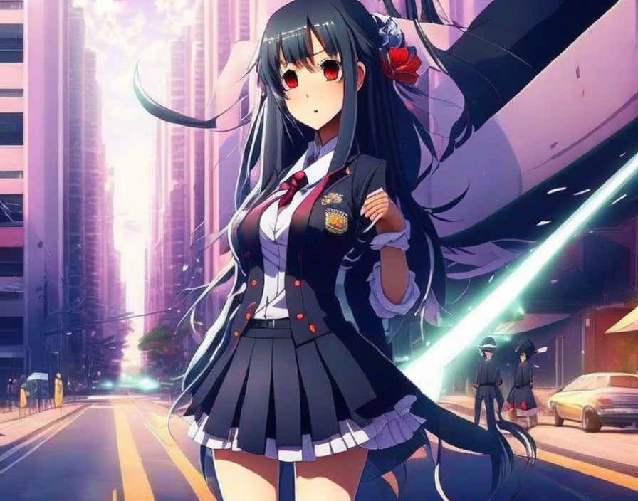 Stylized anime girl in school uniform on futuristic city street