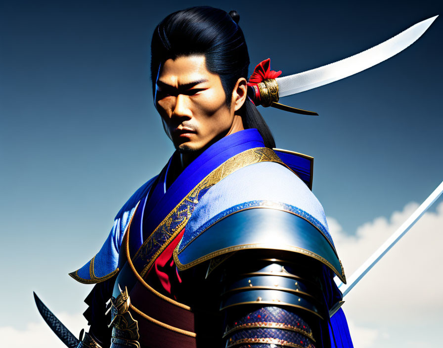 Stoic warrior in traditional Japanese armor with katana sword against blue sky