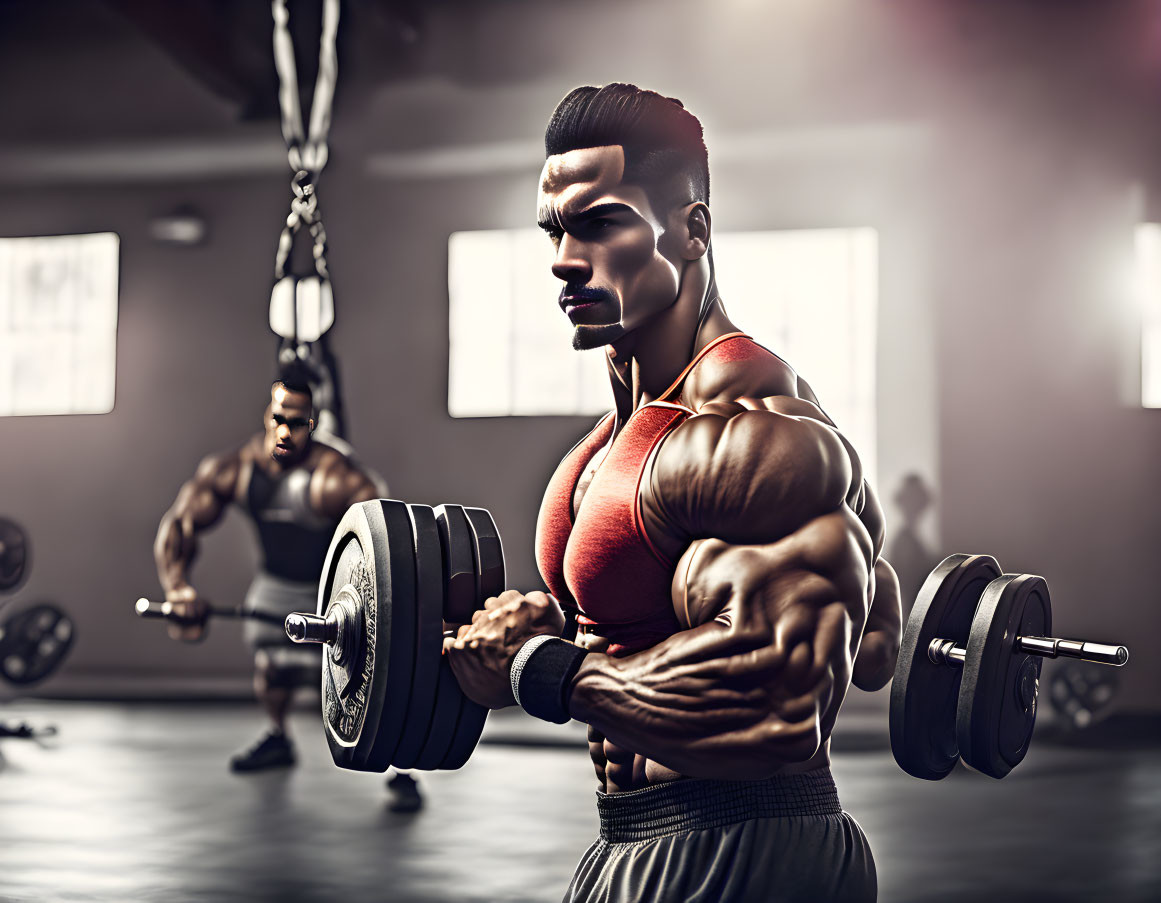 Muscular animated character lifting heavy dumbbells in gym scene.