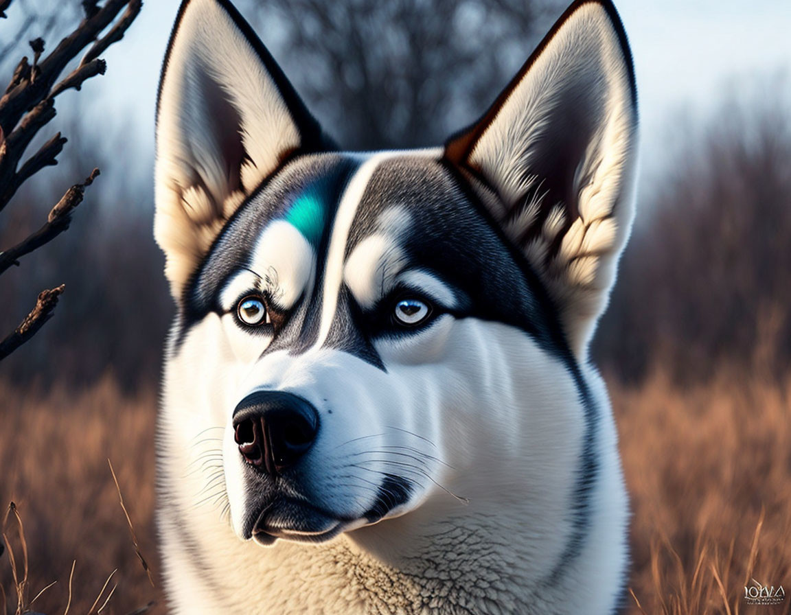 Siberian Husky with Blue Eyes and Black/White Fur in Twilight