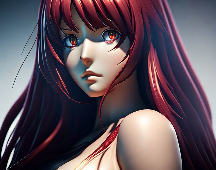 Female character digital art: long red hair, blue eyes with red highlights, contemplative expression