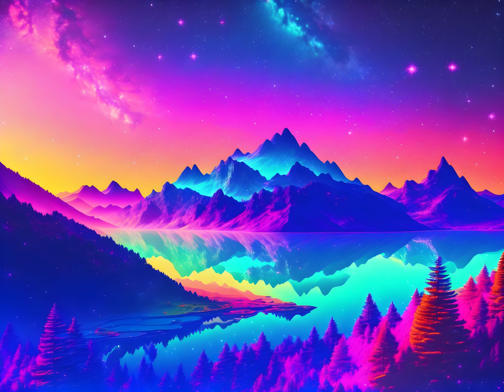 Neon-colored mountain landscape with starry sky and serene lake