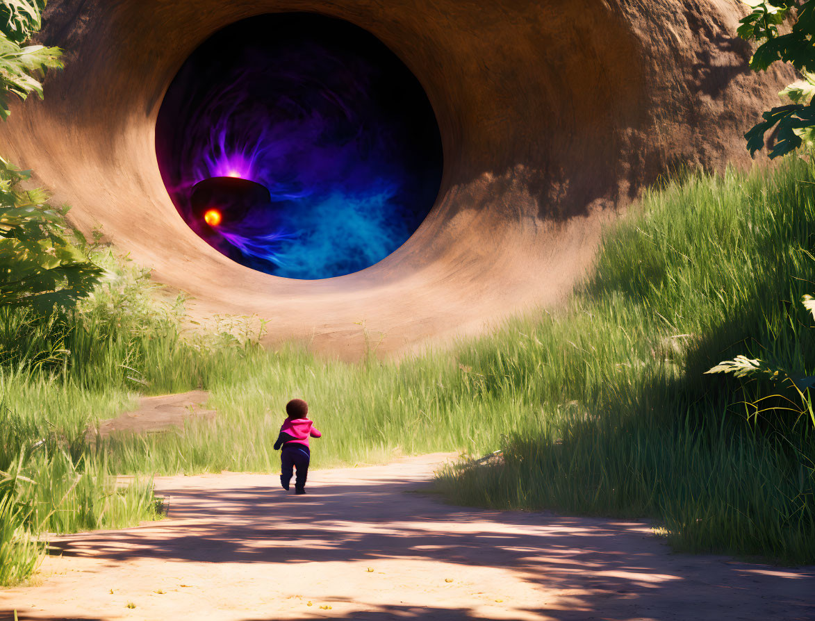 Child near mysterious glowing portal on sunlit dirt path surrounded by tall grass