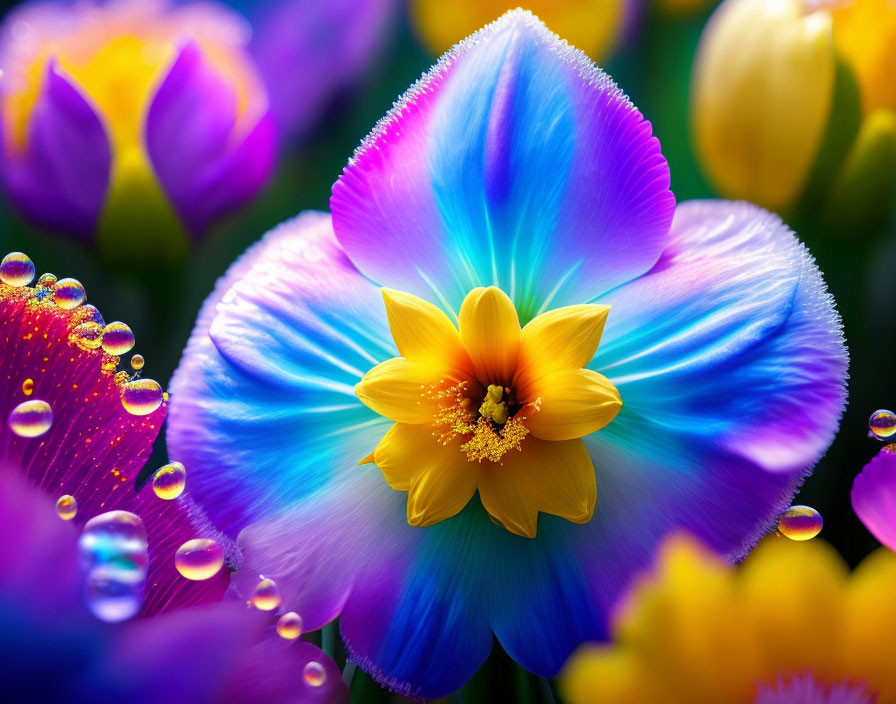 Colorful Flower with Droplets on Petals Against Purple and Yellow Blooms