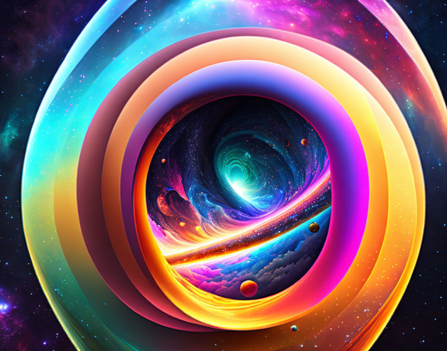 Colorful Spiral Galaxy Artwork with Celestial Bodies and Cosmic Rings