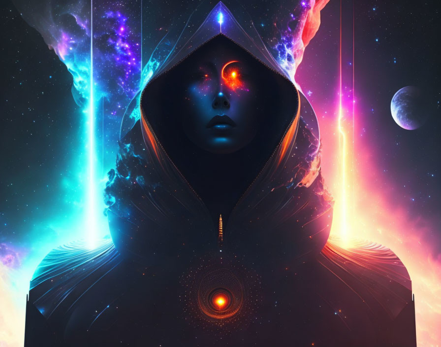 Hooded figure with glowing eyes in cosmic setting