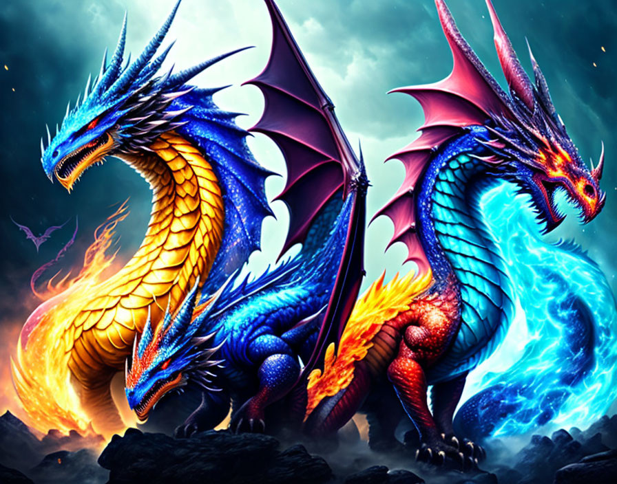 Vibrant mythical dragons in fiery and ethereal blue hues against dramatic sky