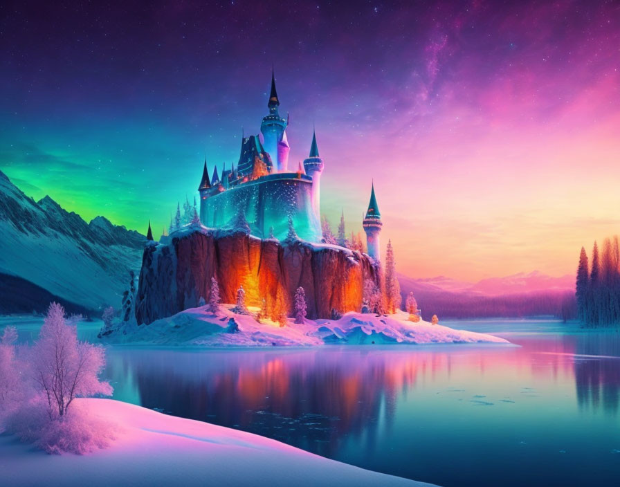 Snowy cliff castle with aurora lights over tranquil lake