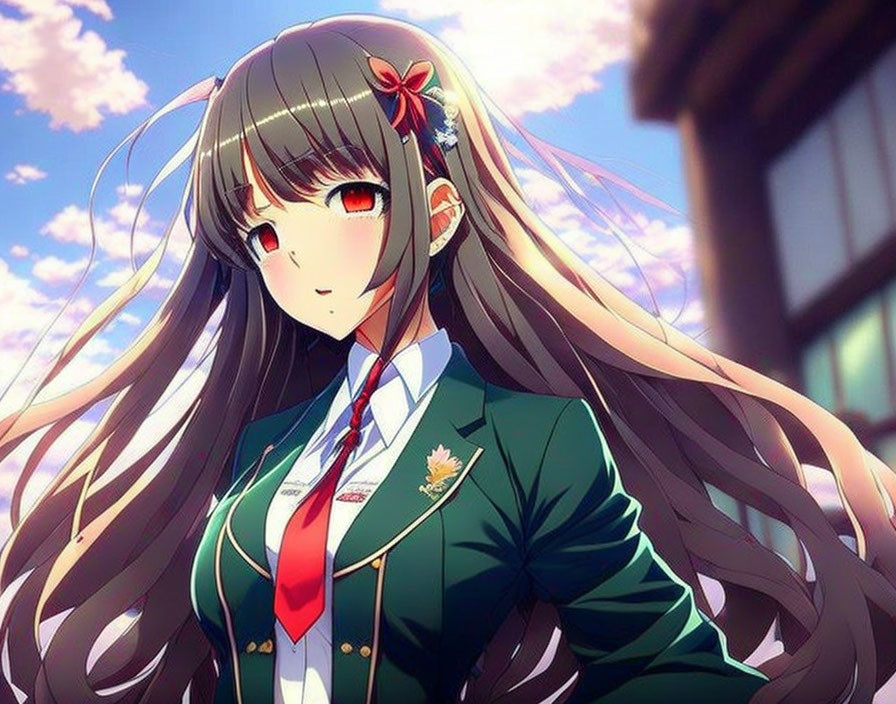 Long-haired animated female character in green school attire with red eyes and hair ornament