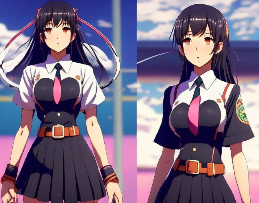 Anime girl with long black hair in two school uniforms: black skirt and white shirt, navy outfit.