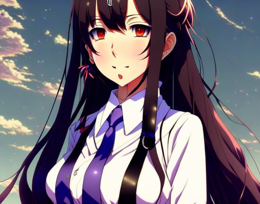 Long dark hair, red eyes, white and blue school uniform, smiling under twilight sky