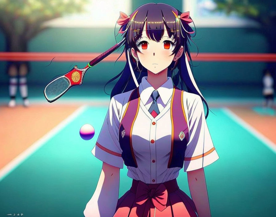 Dark-haired anime girl in school uniform playing tennis on court