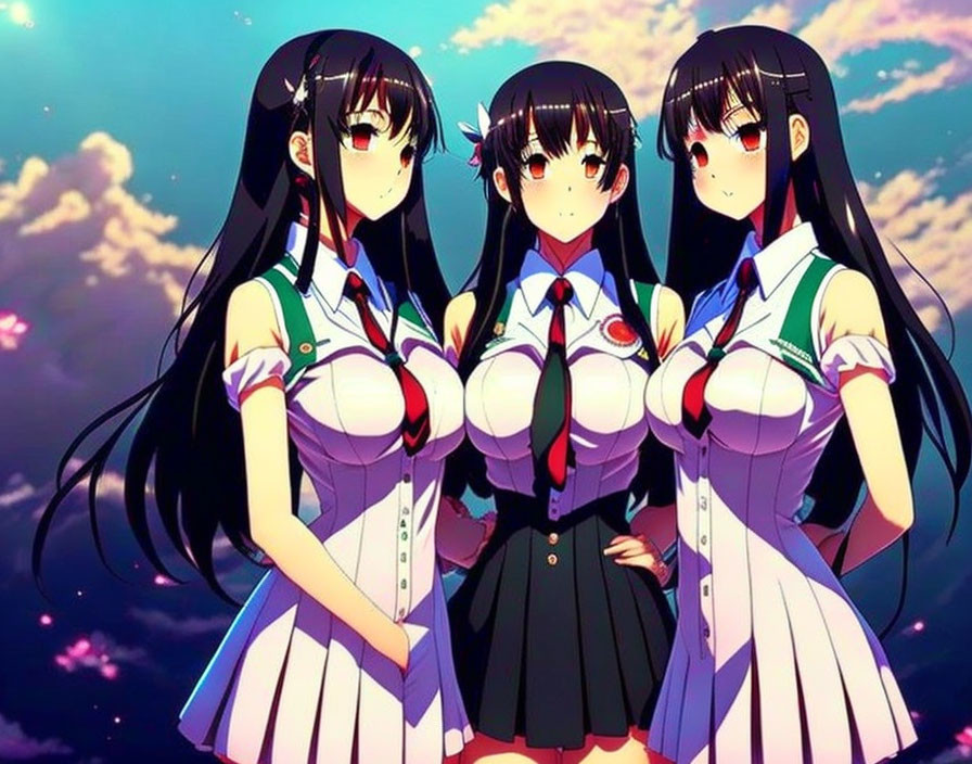 Three anime girls in school uniforms under sunset sky