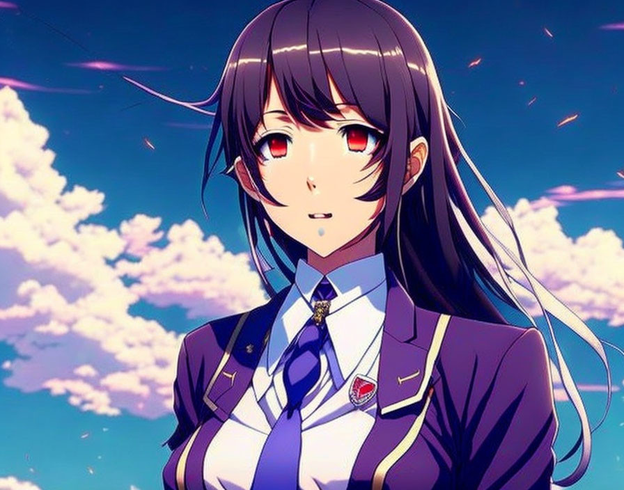 Long-haired animated character in blue school uniform with red eyes against cloudy sky