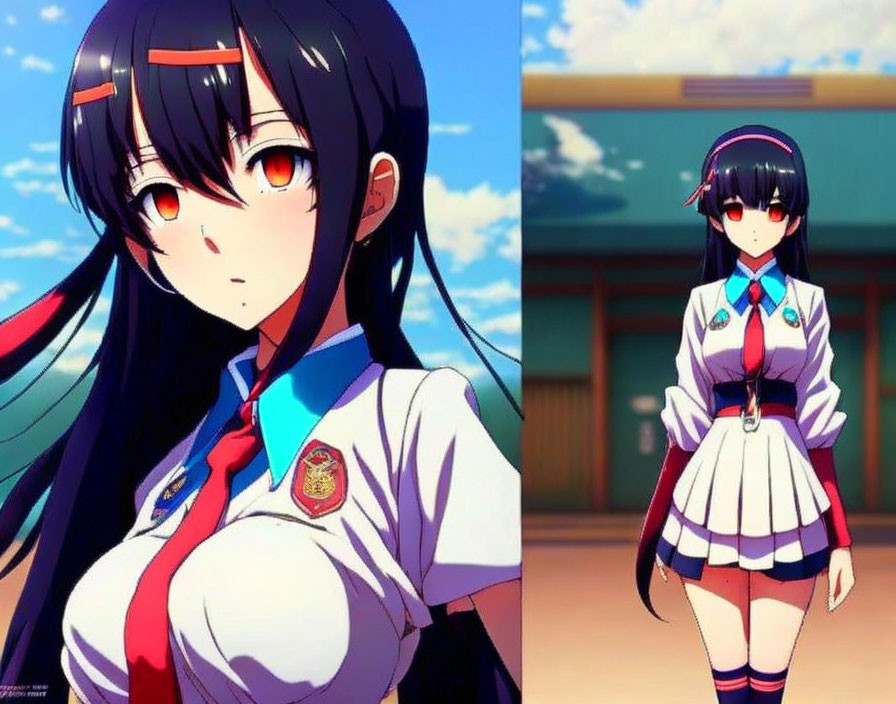 Anime girl with long black hair and red eyes in white and blue school uniform under blue sky