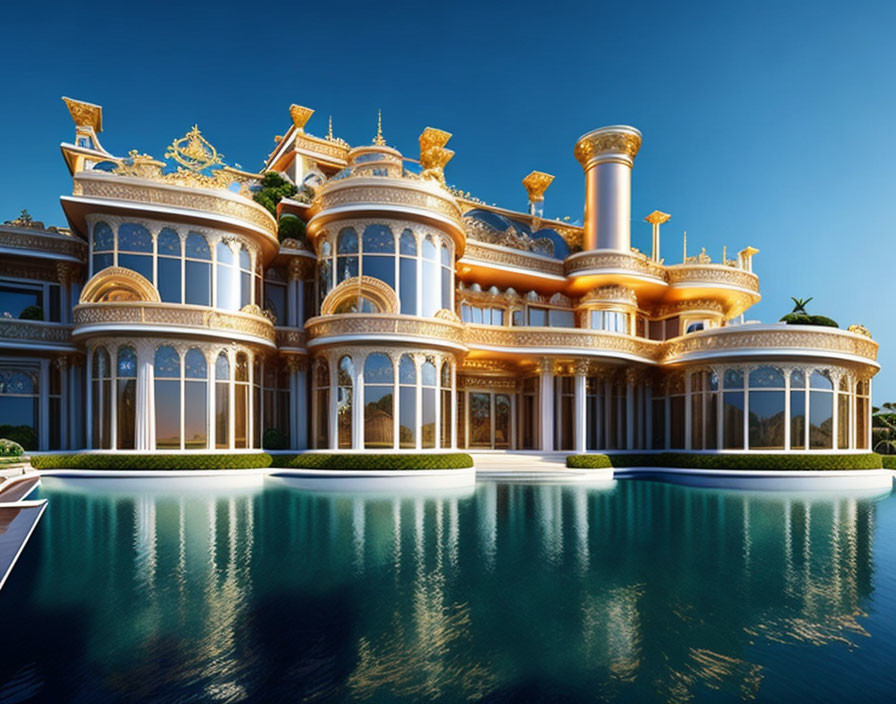 Luxurious palace with gold embellishments, balconies, and reflective pool