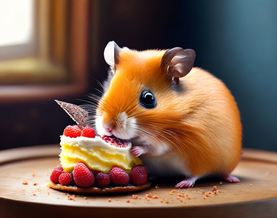 Cute guinea pig eating strawberry cheesecake on plate