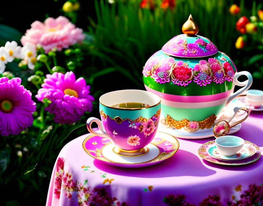 Floral Patterned Porcelain Teacup Set on Pink Table in Garden