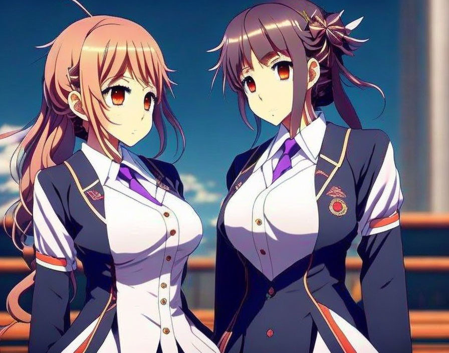 Two Brown-Haired Anime Girls in School Uniforms Outdoors