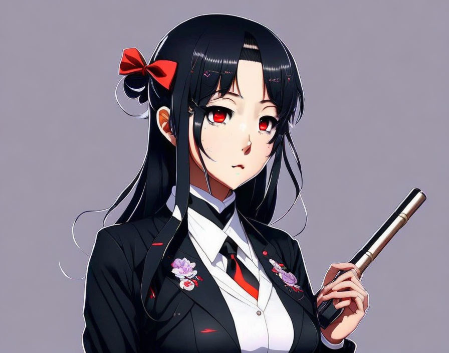 Anime girl with long black hair, red eyes, red bow, black uniform, and baton