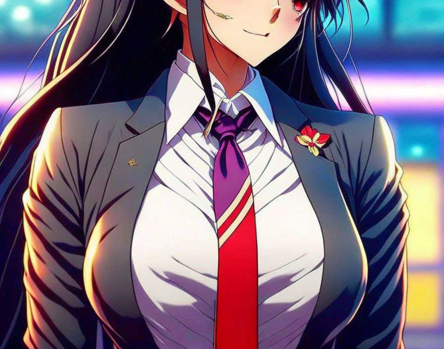 Anime-style illustration: Girl with long black hair in high school uniform with red-striped tie and badge