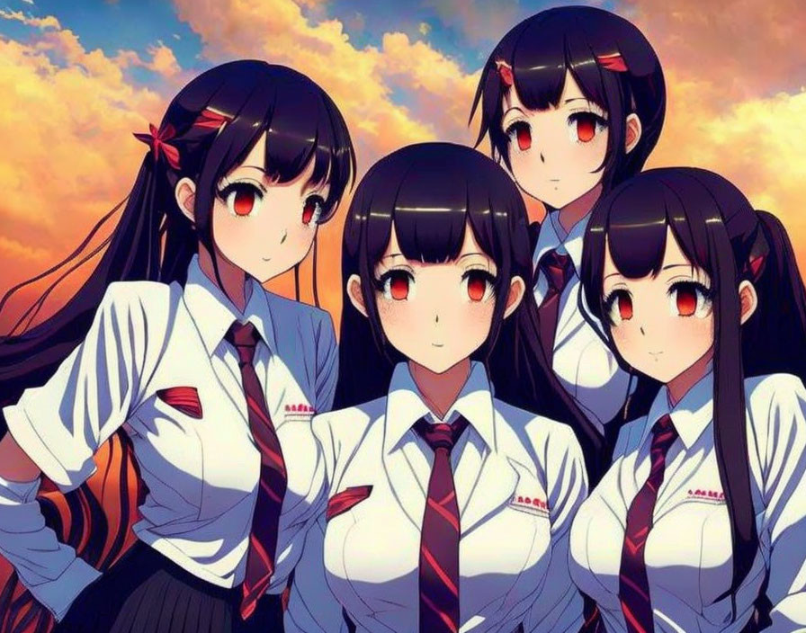 Four animated girls in school uniforms against a sunset sky