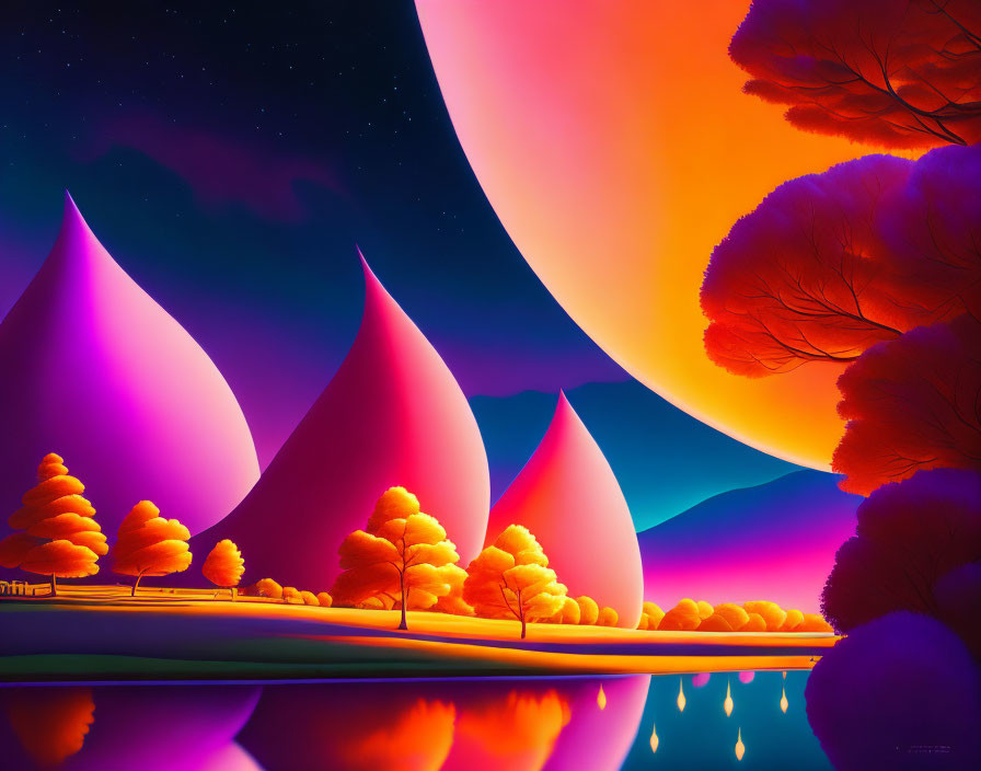 Colorful landscape with stylized trees, reflective water, and surreal crescent.