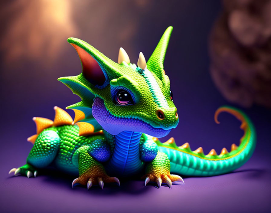 Colorful Dragon Illustration with Large Eyes and Spikes on Purple Background