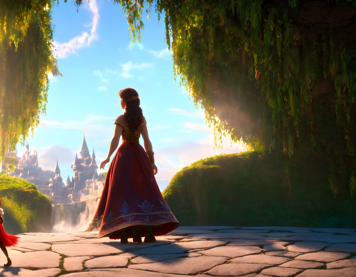 Character in Red Cape and Gown near Sunlit Archway and Castle