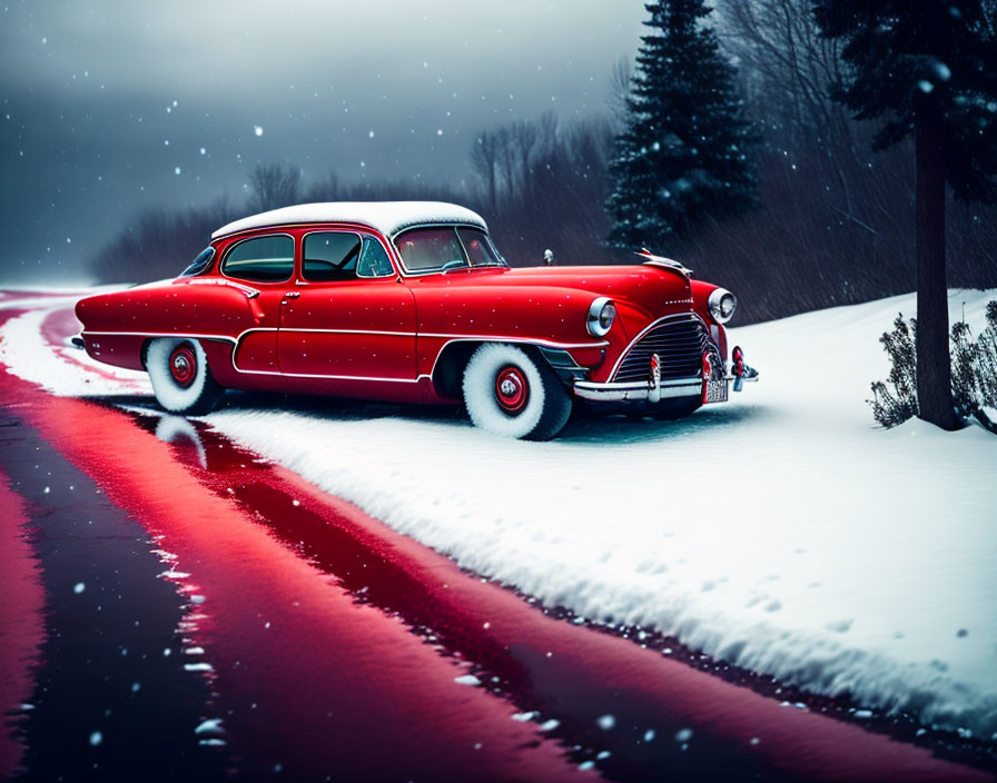 Red Vintage Car Parked on Snowy Road in Winter Scene