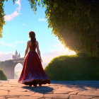 Character in Red Cape and Gown near Sunlit Archway and Castle