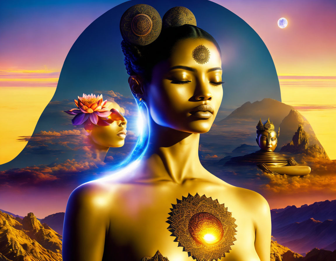 Composite Image of Woman, Lotus Flowers, Buddhas, Mountains, Sunset Sky