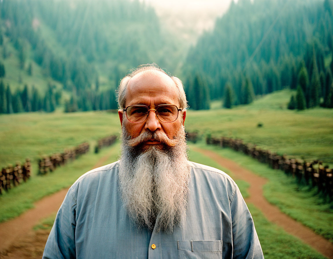 Elderly man with beard in blue shirt in foggy forest scene