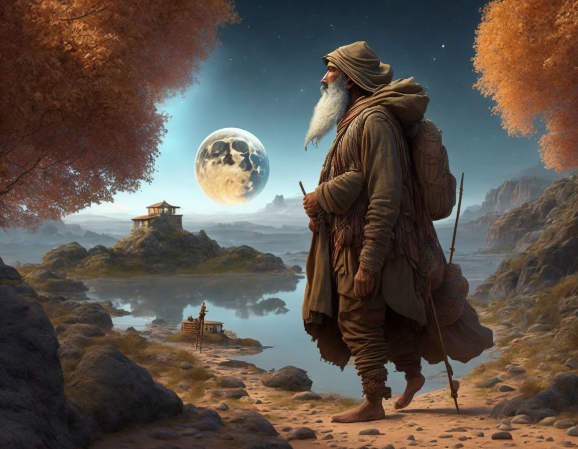 Bearded Wanderer with Staff and Backpack in Tranquil Landscape