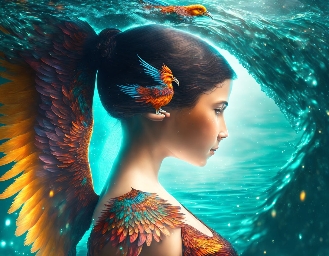 Colorful Phoenix Wings Submerged in Water with Small Phoenix Bird