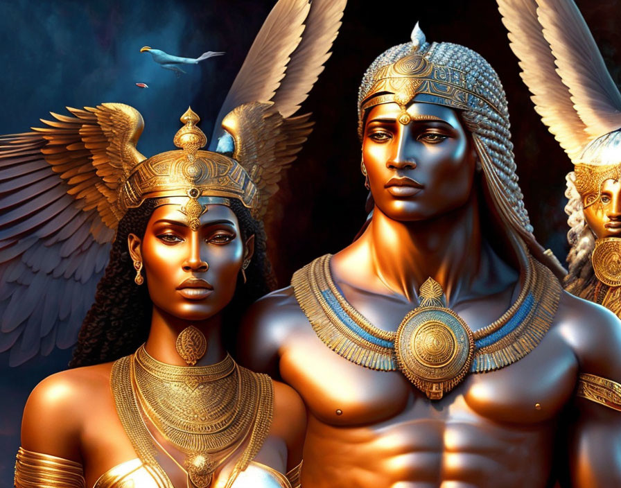 Digital art: Egyptian royal couple in regal attire with bird motif