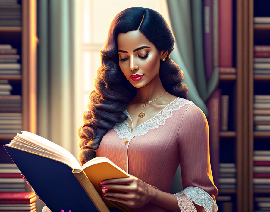 Woman with Long Wavy Hair Reading Book in Library