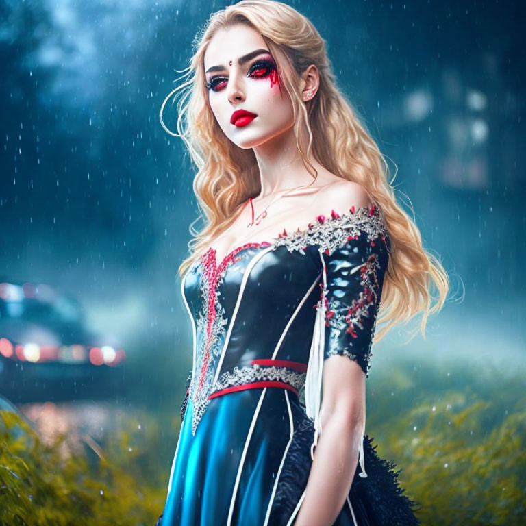 Woman with dramatic makeup in rain, blood from eye, blue and black beaded dress