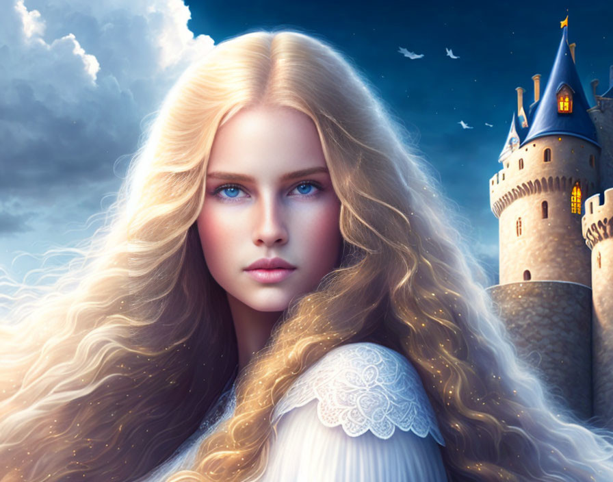 Digital artwork of young woman with blonde hair in front of fantasy castle