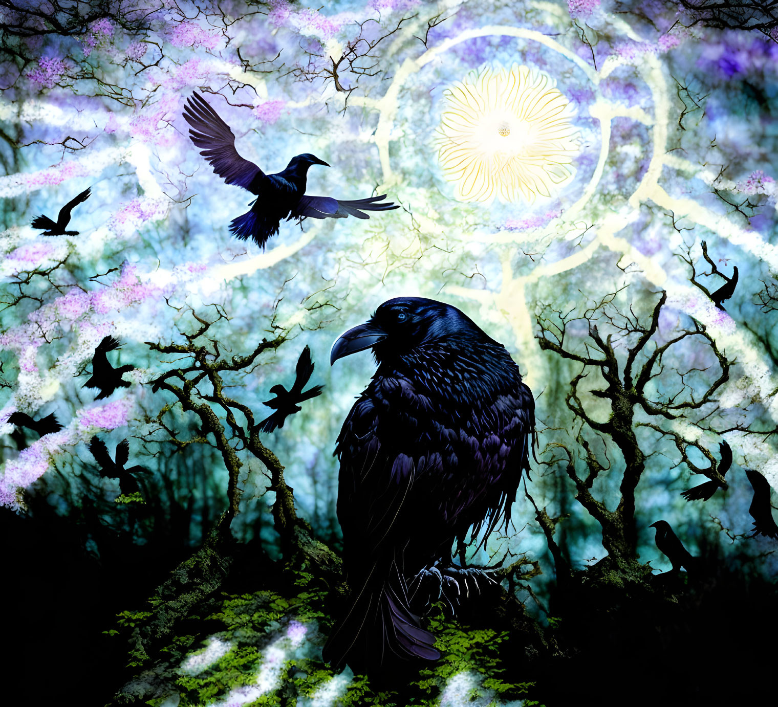 Mystical raven scene with silhouetted birds and twisted trees