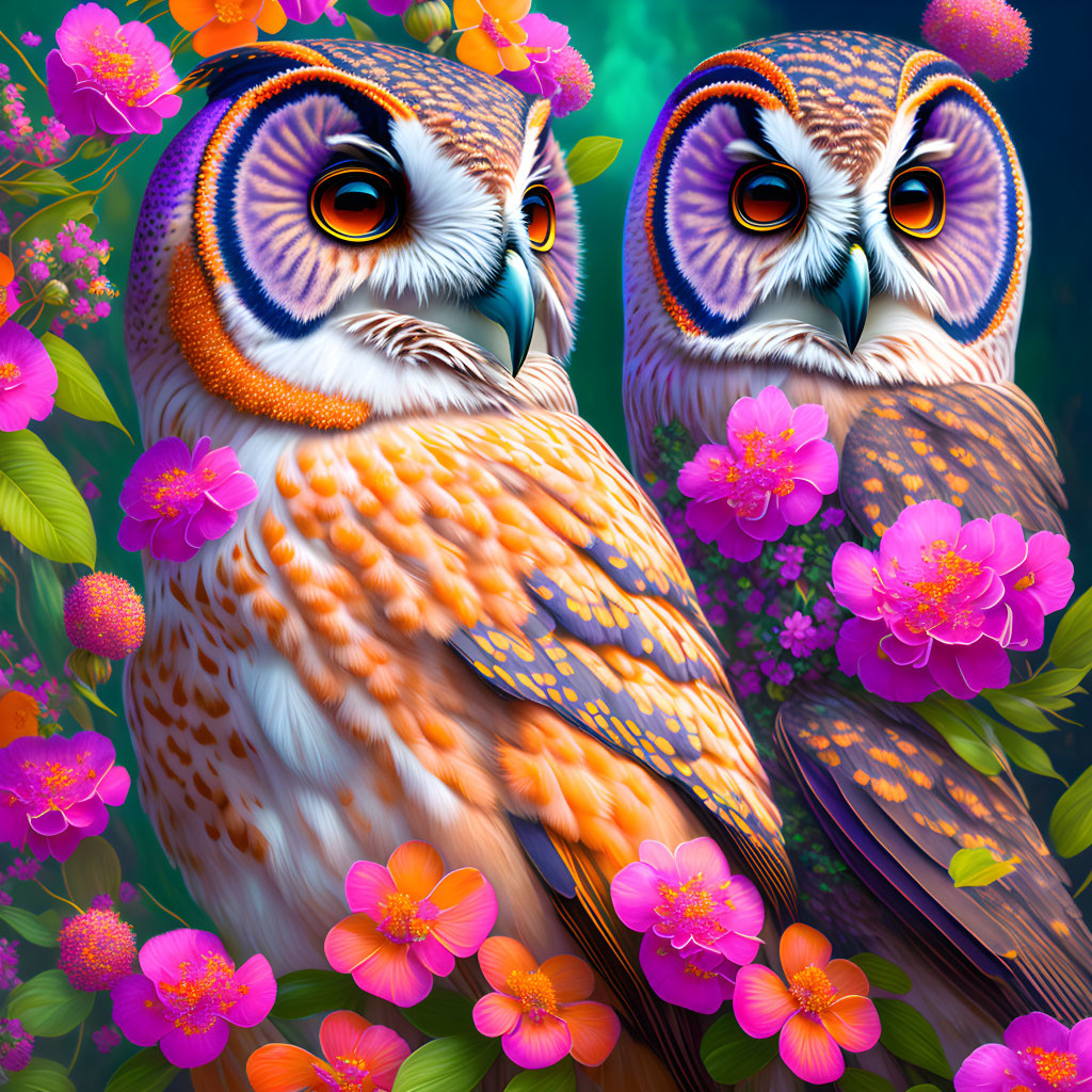 Colorful Stylized Owls with Patterned Eyes and Pink Flowers on Teal Background