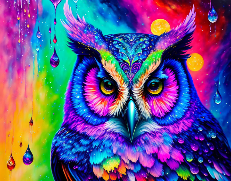 Colorful Owl Painting with Neon Hues and Celestial Background