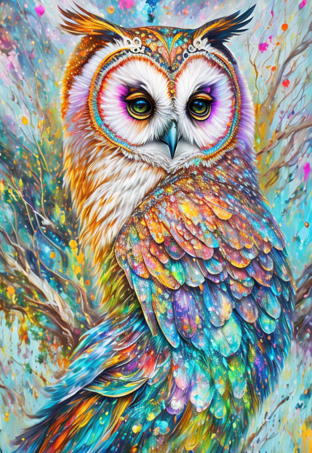 Colorful Owl Painting with Vibrant Feathers and Expressive Eyes